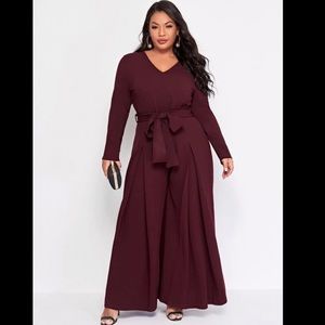 Maroon Self Tie Plus Size Wide Leg Jumpsuit